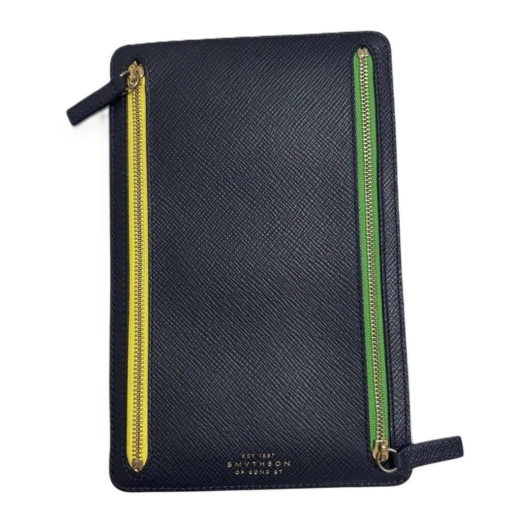 SMYTHSON Panama Travel Wallet Navy Leather Document‎ Holder Zip Bond Street
